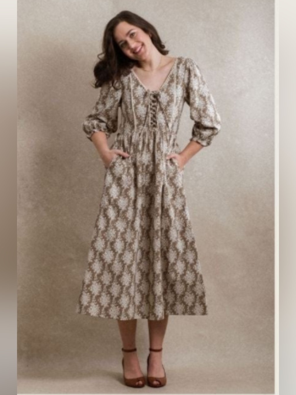neuflora New England Dress ~ Brown Floral. Size S. EUC